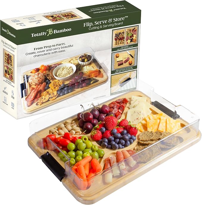 Totally Bamboo Flip, Serve & Store Reversible Charcuterie Board with Lid | Portable 5-compartment serving board with clear locking cover for travel. Cutting board side includes juice groove for prep.