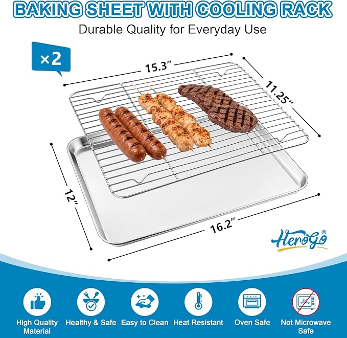 Herogo Baking Sheet with Wire Rack Set(2 Pans + 2 Racks), 16" x 12" x 1" Stainless Steel Jelly Roll Pan with Cooling Rack Set for Baking & Roasting, Non Toxic & Easy Clean