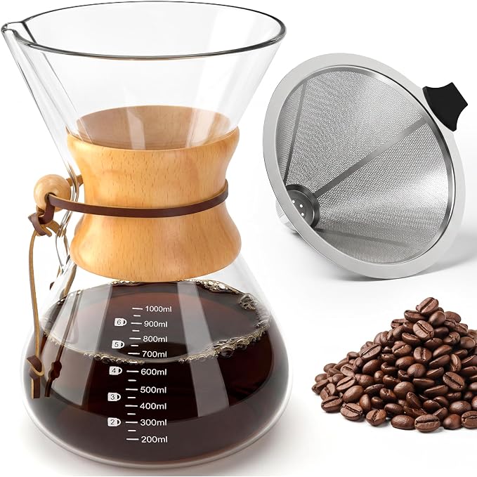 Pour Over Coffee Maker 34oz (1000ml), Borosilicate Glass Carafe with Wooden Handle & Round Body, Double Layer Stainless Steel Filter, Drip Coffee Brewer for Home Camping Hiking