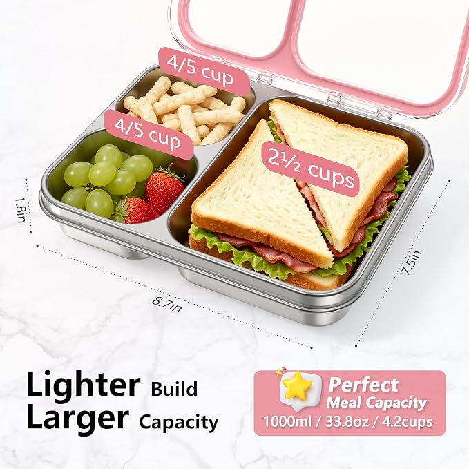 HOMEKOL Stainless Steel Bento Lunch Box 3-Compartment, 4.2Cups, Pink | Leak-Proof Metal Lunch Container for Kids & Adults, BPA-Free, Dishwasher Safe, Clear Tritan Lid, 1000ml (Not Insulated)
