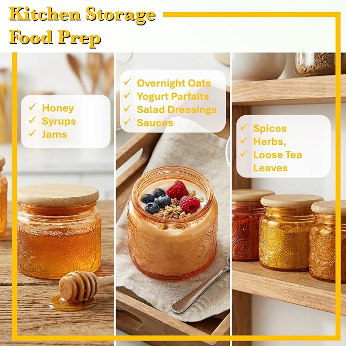 4 oz Decorative Small Glass Jars with Airtight Bamboo Lids, Orange 6 Pack | Vintage embossed color coated containers, kitchen pantry bathroom organization & decor, spices, DIY gifts, candle making