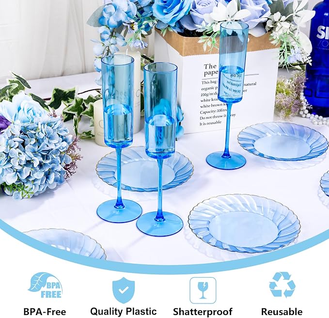 YOUBET 24Pack Blue Champagne Flutes Plastic for Party Birthday Wedding | 6 oz Blue Disposable Plastic Wine Toasting Glasses with Stem for Anniversary Celebrations