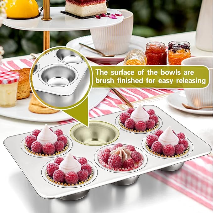 P&P CHEF 6-Cup Muffin Pan Tin, Stainless Steel Cupcake Pan, 1Pc | Muffin Tin for Oven Baking, Dishwasher Safe, Non-Toxic, Standard Size, Ideal for Homemade Muffin Cup Cake Tart Quiche