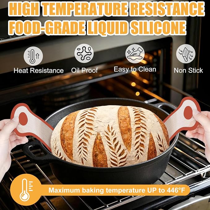 Silicone Bread Sling, 2Pcs Oval Silicone Baking Sling with Longer Handles, Non-Stick & Easy Clean Dutch Oven Baking Mat to Transfer SourDough Easily, Reusable Bread Mat Set （2PCS Red Oval）