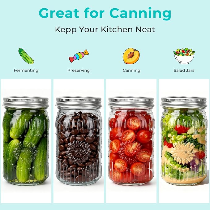 CycleMore 6 Pack 32oz Glass Mason Jars with Silver Two-Piece Lids | AirTight, BPA Free, Wide Mouth Jars, 1 Quart Canning Jars With Sunflower Print for Preserving, Decor & Storage