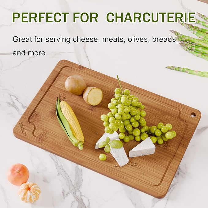 17" Bamboo Cutting Board Set Serving Tray Juice GroovesHandles | Ideal for Meat Vegetables Fruit,Easy Storage & Quick Clean,Natural Wood Construction,Dual-Purpose as Serving Tray