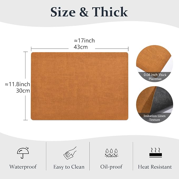 FROMHEART Faux Leather PU Placemats Set of 6 (Orange Grey,11.8" x 17") | Waterproof,Heat/Oil Stain-Resistant Table Mat–Reversible,Non-Slip,Easy to Clean Place Mats for Kitchen,Dining,Indoor/Outdoor