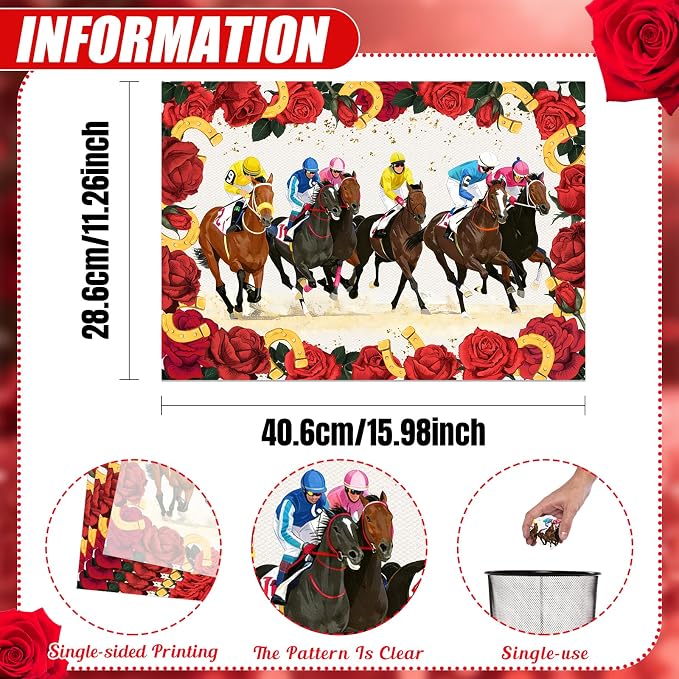 50 Pack Kentucky Horse Racing Disposable Paper Placemats | Rose Horseshoe Vintage Decorative Table Mats, Race Day, Wedding, Birthday Brunch Table Decor