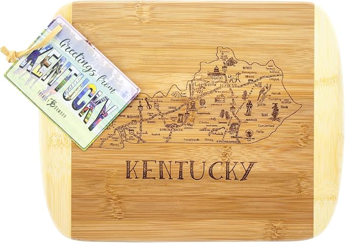 Totally Bamboo A Slice of Life Kentucky Engraved Map Cutting Board | 11” x 8.75” charcuterie board with engraved state map artwork. Smooth reverse side for food prep. Hang tie for wall display.