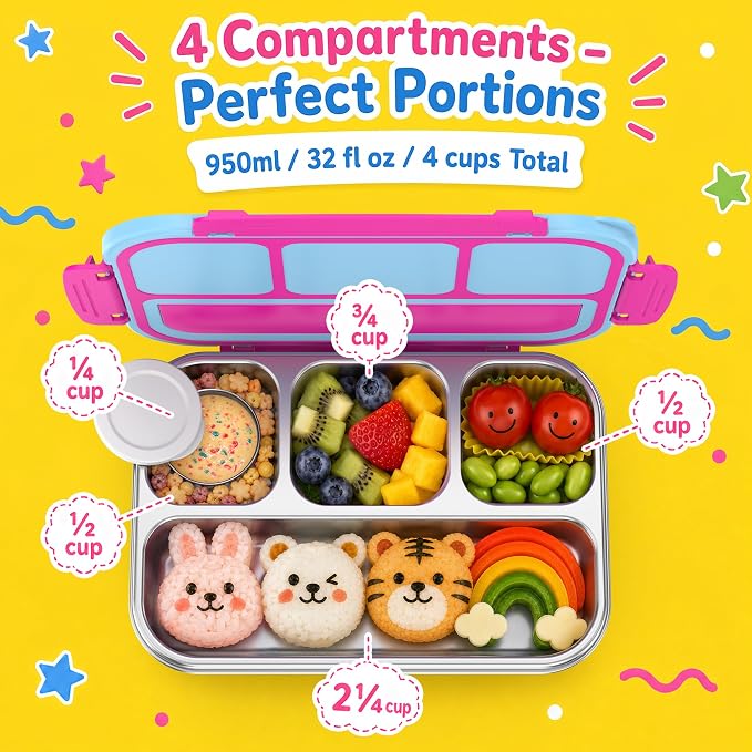Stainless Steel Bento Lunch Box for Kids Adult, Metal Lunch Box Containers for Boys Girls School, 4 Compartment Leak Proof Lunch Containers with Sauce Cup, Fork and Spoon & Fruit Picks, Pink blue