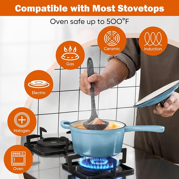 Homikit Small Cast Iron Pot, 2 QT Enameled Cast Iron Sauce Pan with Lid, Heavy Duty Enamel Dutch Oven Kitchen Cookware for Making Pasta, Boiling Soup, Warming Milk, Nonstick & Oven Safe, Sky Blue