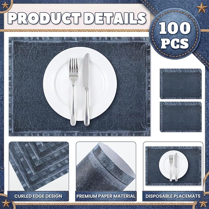 100 Pcs Denim Paper Placemats Faux Jean Blue 14 x 10 Inch Disposable Place Mats for Western BBQ Cowboy Wedding Bridal Shower Party Home Table Kitchen Decor