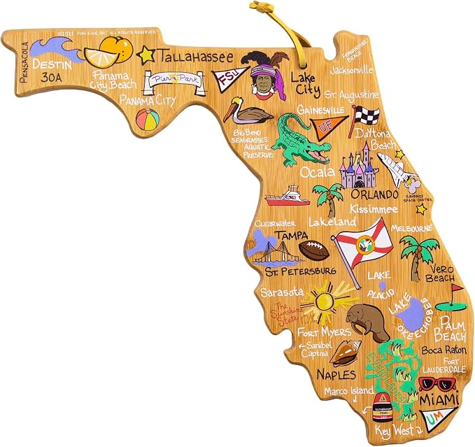 Totally Bamboo Florida State Shaped Cutting Board, Art by Fish Kiss | State charcuterie board with colorful hand-drawn map artwork. Smooth reverse side for food prep. Hang tie for wall display.