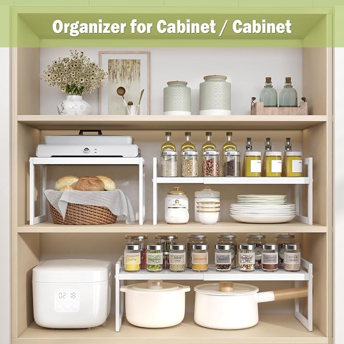 Expandable Cabinet Shelf Organizer, Stackable Kitchen Counter Shelf, White | Space Saving Metal Pantry Storage Racks for Kitchen Spice Rack Pans and Untensils Bathroom Office Organization, 2-Tier