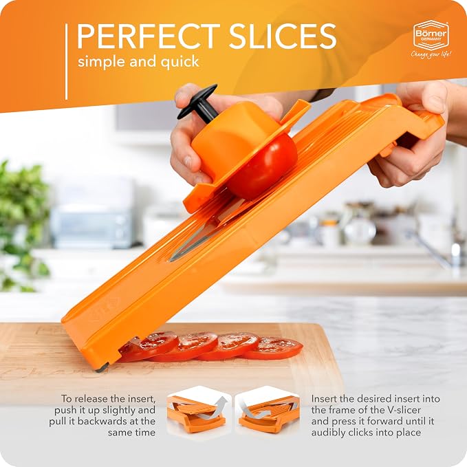 Mandoline Food Slicer Börner V3 (Profi Set) by Reston Lloyd • V-Slicer with 4 Inserts, Docking Station & Food Holder • Made in Germany • Fruit & Vegetable Chopper • Multiple Settings • Color: Orange
