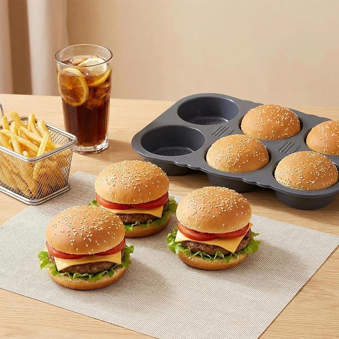 6-cavity Silicone Hamburger Bun Pan, Nonstick & Heat Resistant Burger Bun Pan, Bread Baking Pan for Hamburger Bun, English Muffin, Cinnamon Roll, Mini Sourdough, Bread Pans for Homemade Bread