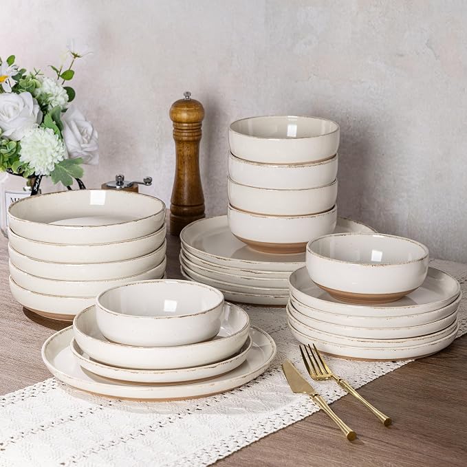 AmorArc Dinnerware Sets for 4, 16 Pieces Ceramic Plates and Bowls Set | Scratch Resistant Stoneware Dishes Set, Dishwasher & Microwave Safe, Light Beige