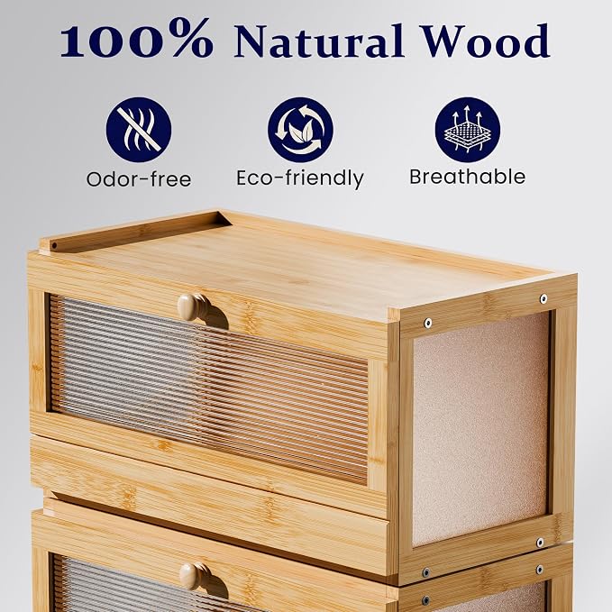Stackable Bread Box for Kitchen Countertop, 2 Tier Bamboo Bread Storage Container Holder Bin for Baked Goods Snacks Farmhouse Breadbox with Acrylic Window for Pantry Cabinet Cupboard, Natural