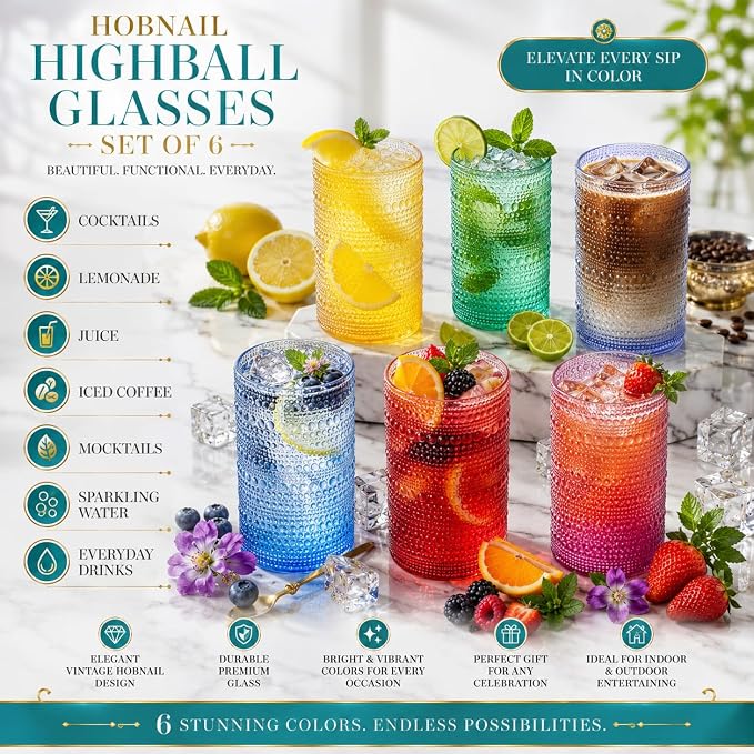 Khen Plastic Hobnail Drinking Highball Glasses Set of 6 Bright Tones Cups 14oz, Shatterproof & Unbreakable Acrylic Beaded Design, BPA-Free, Dishwasher Safe Indoor/Outdoor Drinkware Water, Cocktails