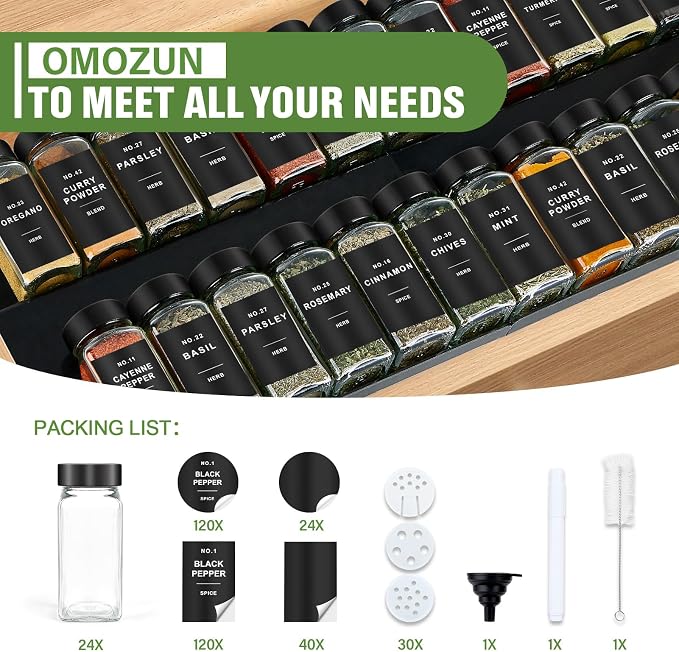 Spice Jars with Label, 24pcs 4oz Glass Spice Jars with Black Lids | Square Spice Containers with 304 Labels and Shaker Inserts, Empty Seasoning Bottles for Drawer, Cabinet, Seasoning Organizer