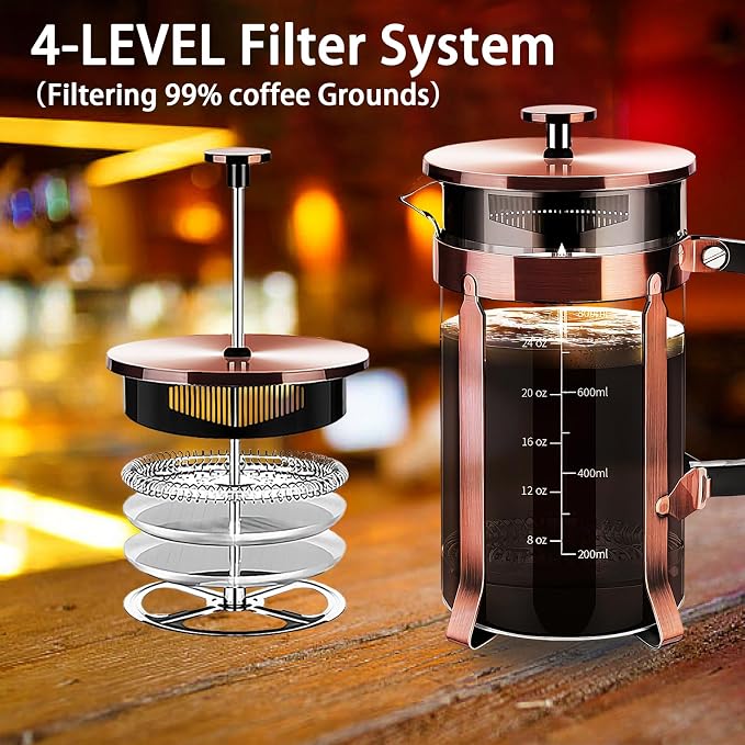 YMMIND French Press Coffee Maker 304 Stainless Steel Coffee Press,with 4 Filters System, Heat Resistant Thickness Borosilicate French Press Glass, BPA-Free Brewed Tea Pot Coffee Plunger(Copper 12oz)
