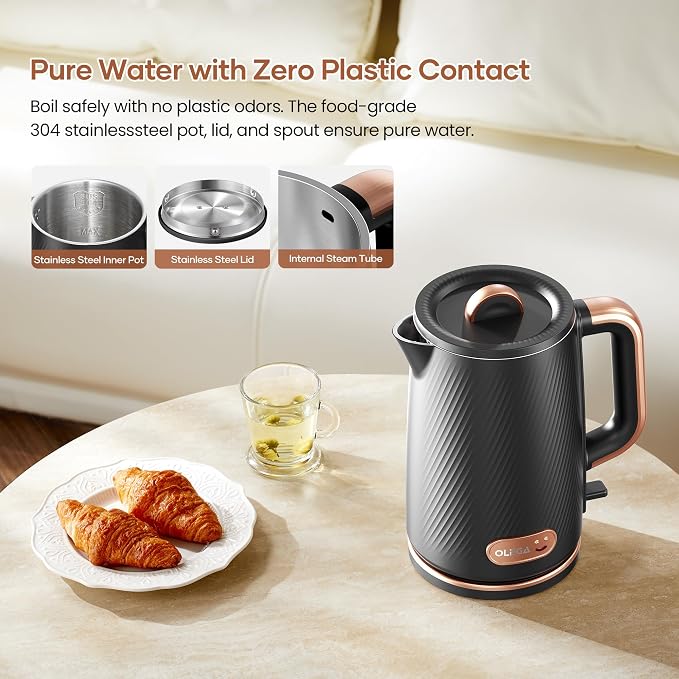 OLEGA Electric Kettle: 1200W Fast Boil Tea Kettles with Tea Infuser 1.5L | Stainless Steel Kettle; Electric Water Kettle with Strainer; Plastic Free Teapot; Auto Shut-Off Water Boiler