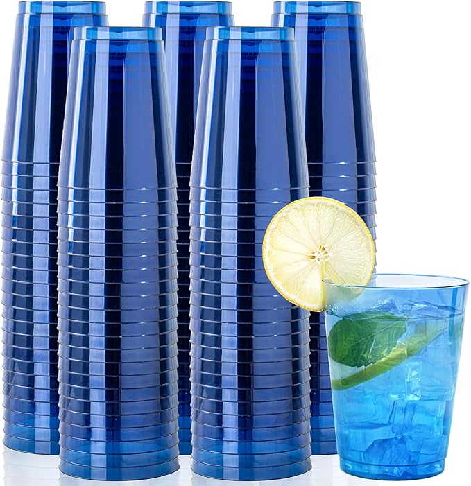 DaYammi 100 Pack Clear Blue Plastic Cups 10 Oz - Heavy Duty Blue Disposable Cups,blue Party cups Disposable Tumblers for Wedding,Birthday,Cocktails & Celebrations Reusable Drinking Glasses