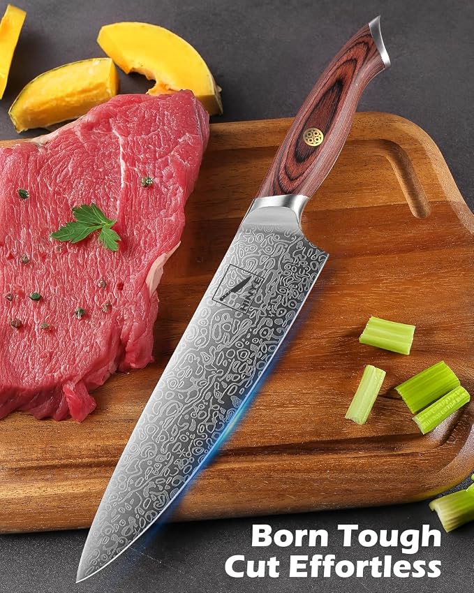 8" High Carbon Stainless Steel Kitchen Chef Knife, Redwood Handle, Textured Anti-Stick Blade, Rustproof & Dishwasher Safe, Effortless Chopping, Premium Gift Box