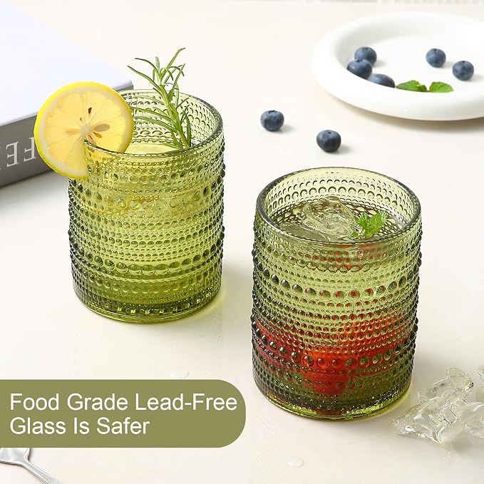 ZMOWIPDL Drinking Glasses Set of 6,12oz Green Hobnail Glass Cups | Vintage Glassware，Embossed Water Tumbler,for Beer,Cocktail,Whiskey,Juice and Various Mixed Drinks- 1 Cleaning Brush