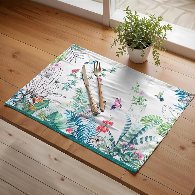 Maison d' Hermine Placemats Set of 4 Reusable 100% Cotton (13"x19") | Cloth Place Mats Washable Table Mats for Kitchen Dining Party Wedding Hotel Home Restaurant Spring Summer - Tropiques