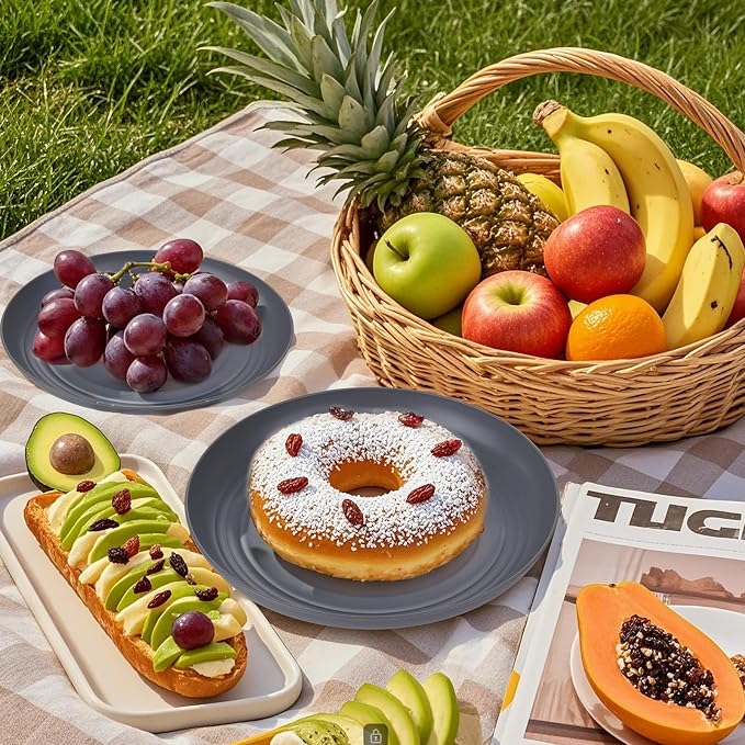 24 Pcs Dark Gray Wheat Straw Dinnerware Set Plates Bowls Cups | Lightweight Shatter-Resistant Reusable Sustainable Dishware For Daily Kitchen Meals Outdoor Patio Dining And Holiday Parties