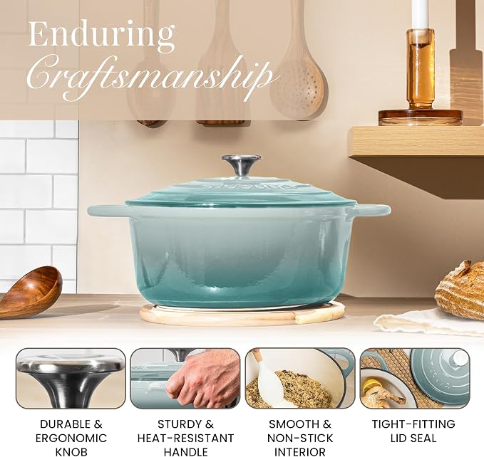 Nuovva Enamelled Cast Iron Dutch Oven Pot with Lid 6.4 Quart Non Stick Casserole Pot-Heavy Duty & Oven Safe up to 500° F for Bread Baking, Braising, Stews, Roasting - 28cm Sea Salt