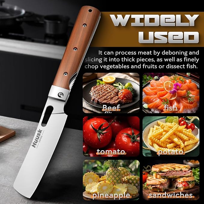 Huusk Folding Chef Knife Set-4Pc with Bag- EDC Kitchen Knife Set | Including Nakiri, Santoku, Bread and Fruit Knives, 440C Stainless Steel , Ultra Sharp Blade, Gift Box