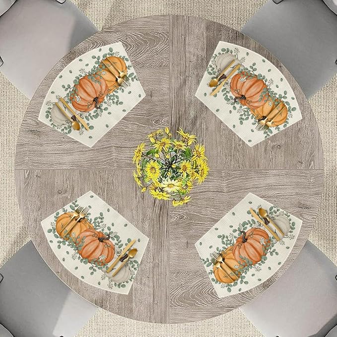 Artoid Mode Pumpkin Eucalyptus Fall Wedge Placemats Set of 4-12 x 18 Inch | Heat-Resistant, Washable Table Mats, Seasonal Autumn Leaves Kitchen Dining Decor