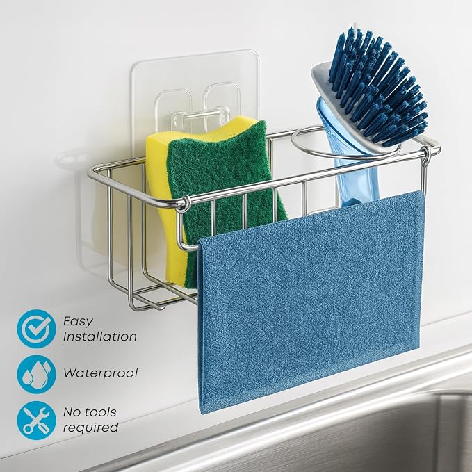KESOL Rustproof Sponge Holder for Kitchen Sink, Suction Cups + Adhesive | In sink sponge holder stainless steel sponge holder, dish sponge holder, sink caddy brush holder 304 kitchen sink accessories