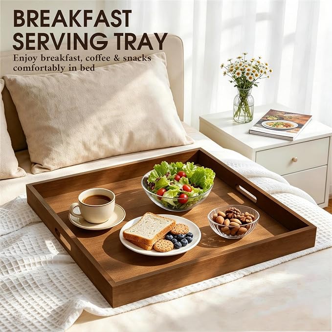 Extra Large Ottoman Tray, 24" Square Black Walnut Wood Serving Tray | Farmhouse Wooden Decorative Tray with Handles, Oversized Coffee Table Tray, Serving Platter Tray for Living Room, Countertop