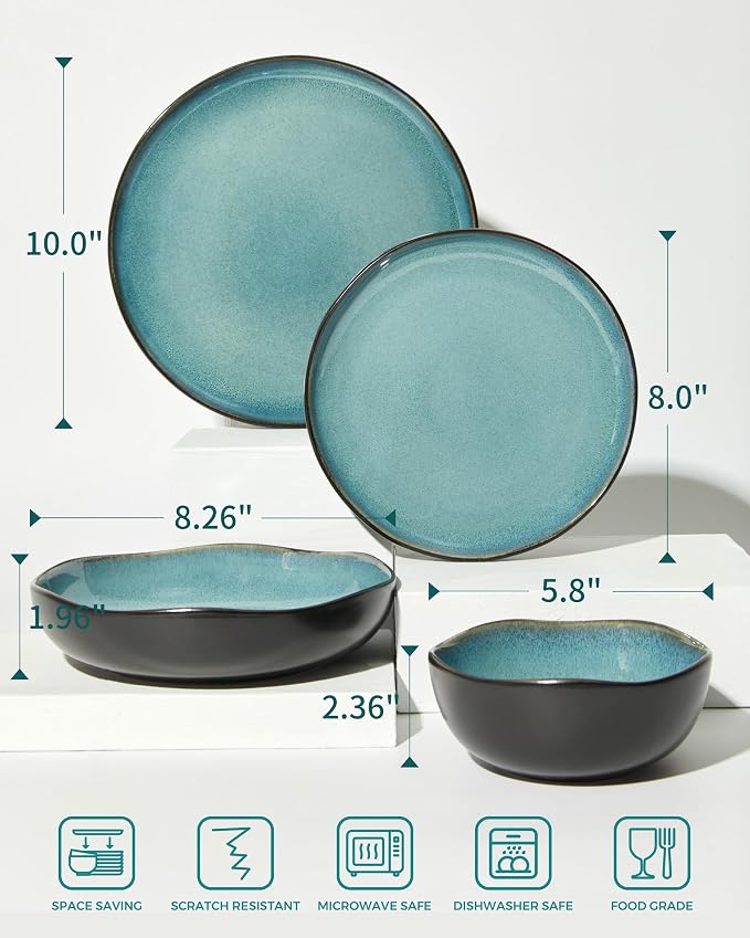 Plates and Bowls Sets, 16 Pieces Dinnerware Set for 4 with Pasta Bowls, Handmade Dishes Set, Chip Resistant Dishware Sets, Microwave Safe Dinner Set, Designed for Interactive Meals, Green Black
