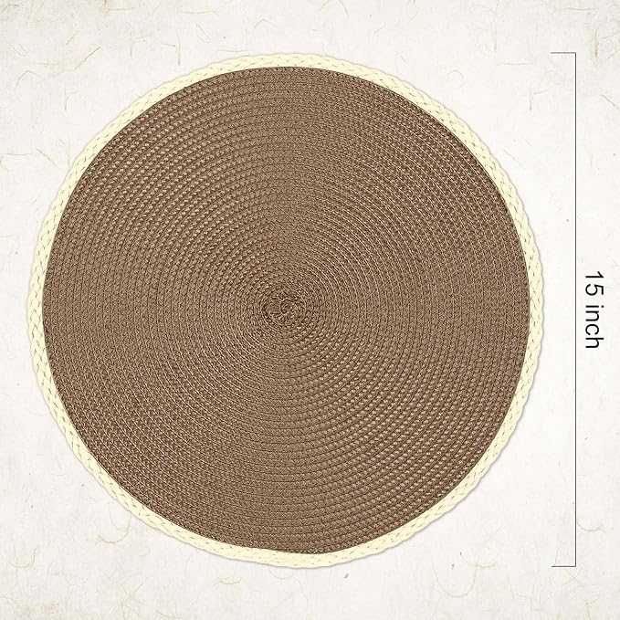 Round Placemats Set of 6, Woven Table Mats, Thin Edge, Coffee Brown | Braided Paper Edge, 15 Inch Diameter, Fits Dinner Plate and Flatware, Wipeable, Heat Resistant, Indoor Dining, Outdoor Patio