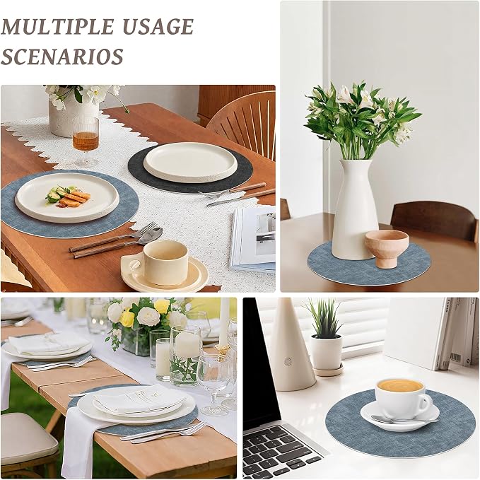 NCUE 13" Faux Leather Round Placemats Set of 4, Reversible Dual-Color | With 3.9" Coasters, 2 mm Vinyl Table Mats, Waterproof Wipeable Heat Resistant, Non-Slip Texture, for Dinner Party Home Decor