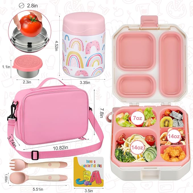 wiwens Bento Lunch Box for Kids with 12oz Soup Thermo Leak-Proof Lunch Food Container with 5 Compartment Thermo Hot Food Jar and Insulated Lunch Bag for Kid Toddler Girls Boys to School