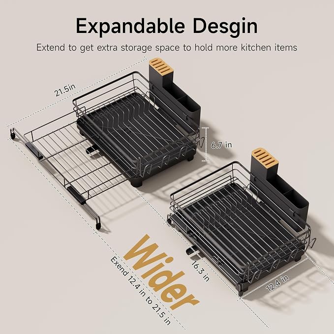 Runnatal Dish Drying Rack - Expandable Large Dish Rack Over Sink | Drying Dish Drainer for Kitchen Counter, Stainless Steel Dish Strainer with Utensil Holder & Cup Holder, Black