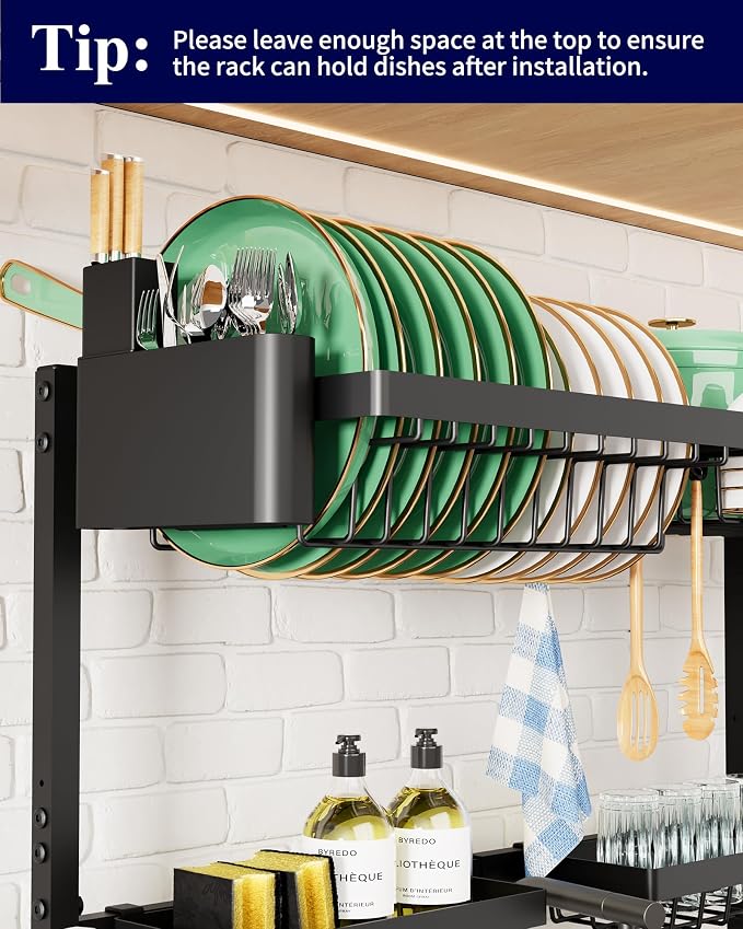 Kitsure Adjustable Over The Sink Dish Drying Rack, 26.8" -33.9"x21.5" | Sink Drying Rack for Kitchen Sink, Dish Rack Over Sink with Cutlery & Utensil Holders, Kitchen Storage, Black