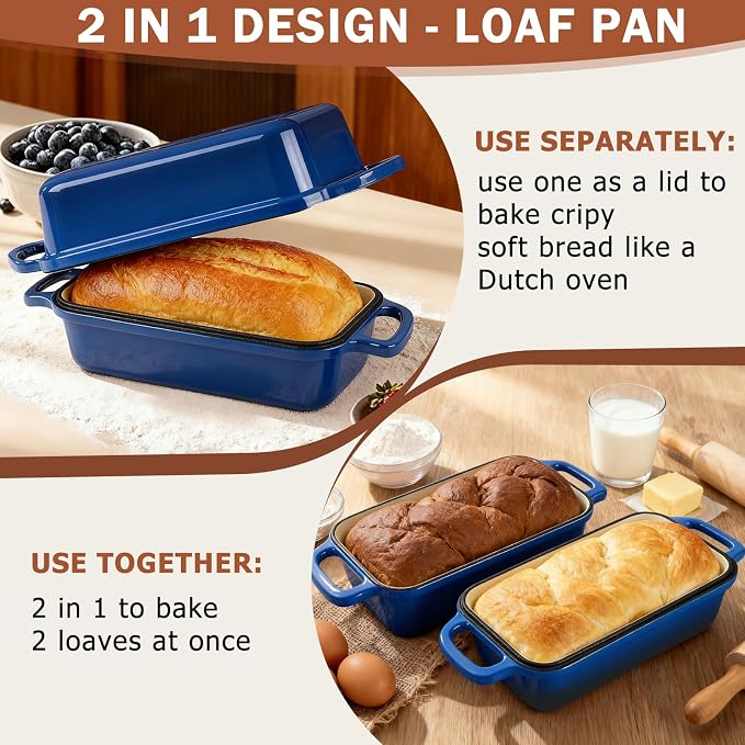 9 x 5 Inch Bread Pan Enameled Cast Iron Loaf Pan with Lid for Baking Blue | 2 in 1 Non-stick Sourdough Bread Loaf Pan for Homemade Bread, Oven & Stovetop Safe for Gas, Electric & Induction