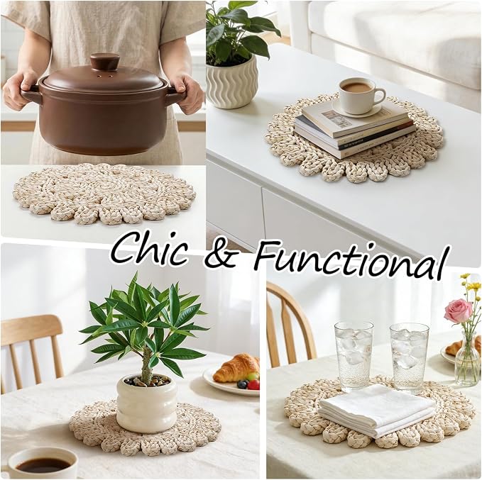 13" Round Placemats Set of 8, Corn Husk Woven Placemat, Rustic White Place Mats for Dining Table Decor, Boho Rattan Wicker Plate Chargers for Wedding Dinner Party