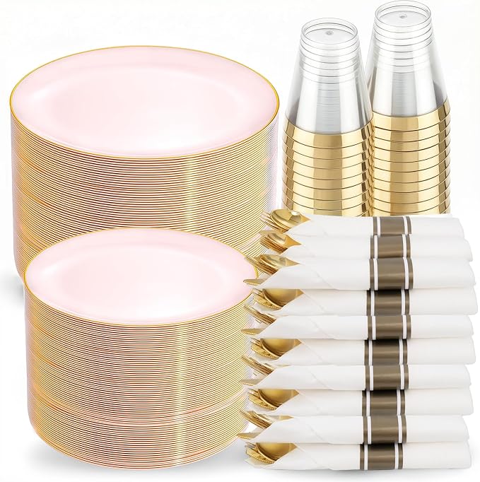 KIRE 350 PCS Pink Disposable Plates - Plastic Dinnerware Set for Wedding | Include 100PCS Pink and Gold Plates, 50PCSPre Rolled Napkins with Silverware & 50PCS Cups for Party