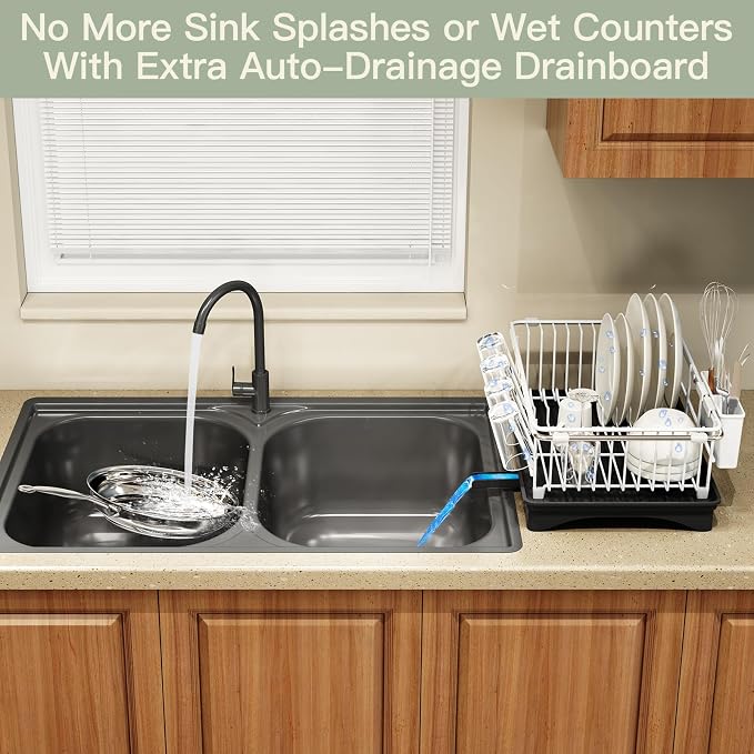 White Dish Drying Rack Over Sink with Utensil Holder, Drainboard | Expandable Stainless Steel Dish Drainer for Small Kitchen, Apartment, RV, Counter Space Saving, Perfect Fit, Rustproof