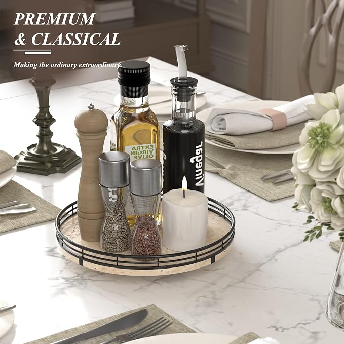 AMH 10-Inch Italian Travertine Lazy Susan with Black Metal Frame | Smooth rotating oak tray with walnut finish for dining tables, kitchen counters, pantries and cabinet storage.