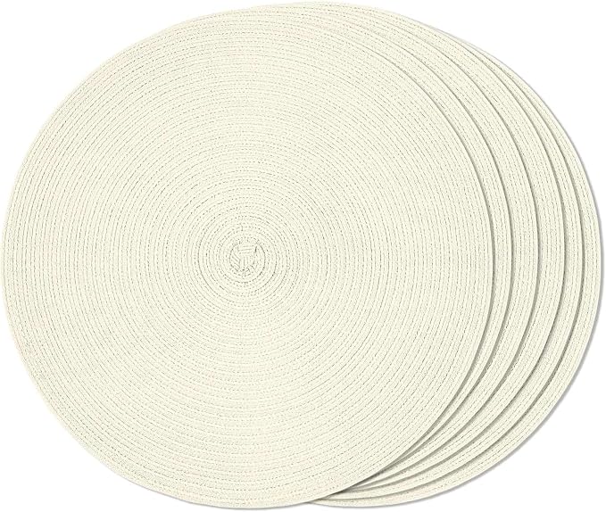 FunWheat Round Braided Placemats Set of 6 Place mats for Dining Tables Woven Heat Resistant Table Mats 15 inch (Ivory,6pcs)