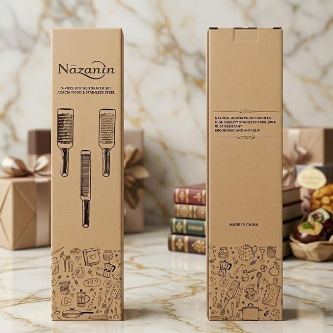 3-Piece Stainless Steel Cheese Grater & Zester Set w/Acacia Wood Handles – For Parmesan, Lemon Zest, Ginger, and Spices