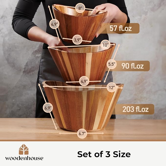 Wooden Salad Bowl Set of 3, Wavy Wood Bowls for Serving | Large, Medium & Small – Handmade, Durable & Stylish Natural Dining Accessory
